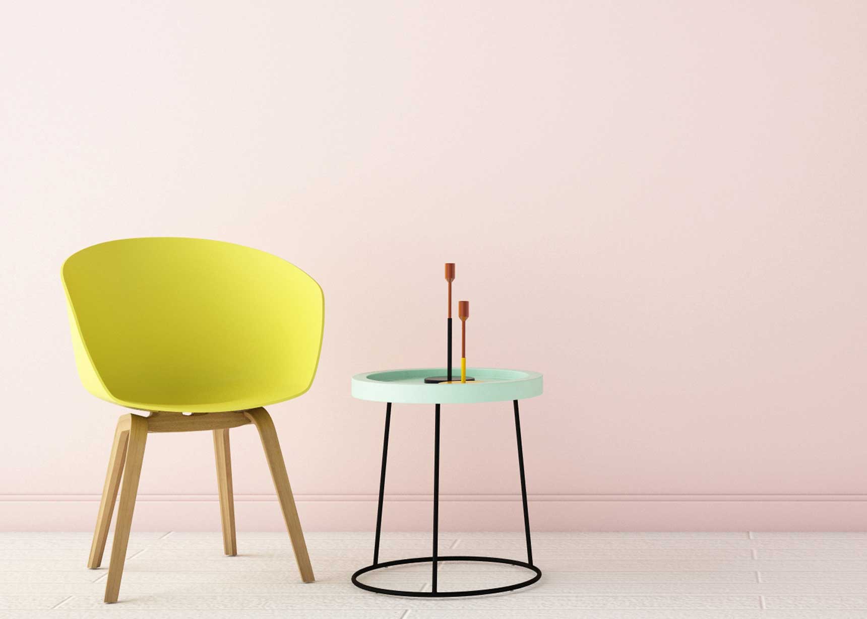 Chair with plastic legs and wood surface